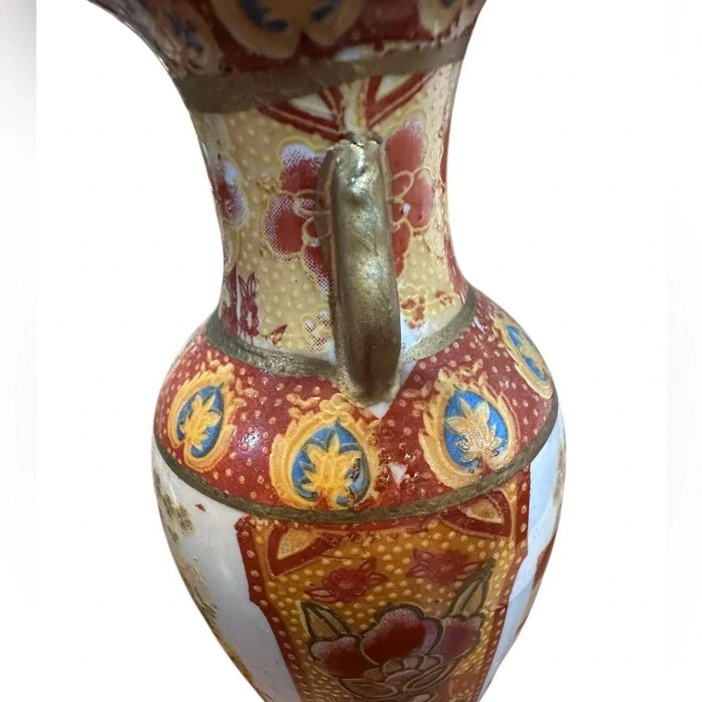 Vintage Satsuma Style Vase Made‎ in China Hand Painted Floral Village 6”
